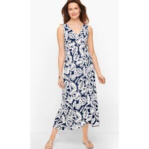 Talbots Womens S Blue White Floral Jersey Faux Wrap Tank Maxi Vacation Dress NEW
